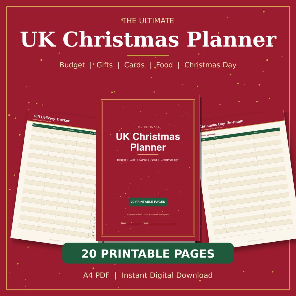 Christmas Planner UK | Printable Budget, Gift List & Dinner Planner | A4 PDF